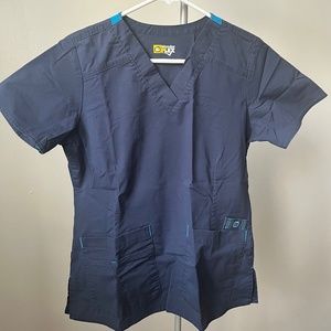 Wonderflex navy blue scrub top front pockets Sz S